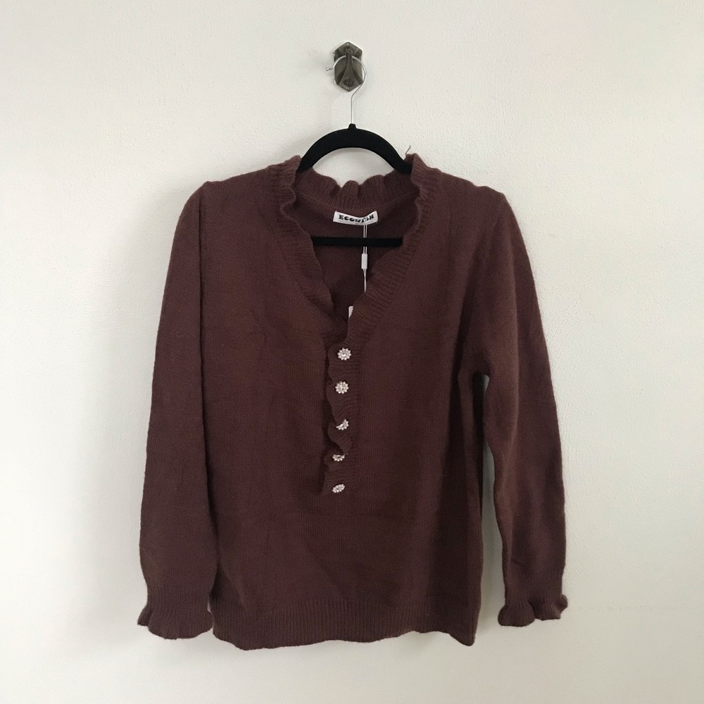Womens Chocolate Brown Knit Sweater Ruffle Medium